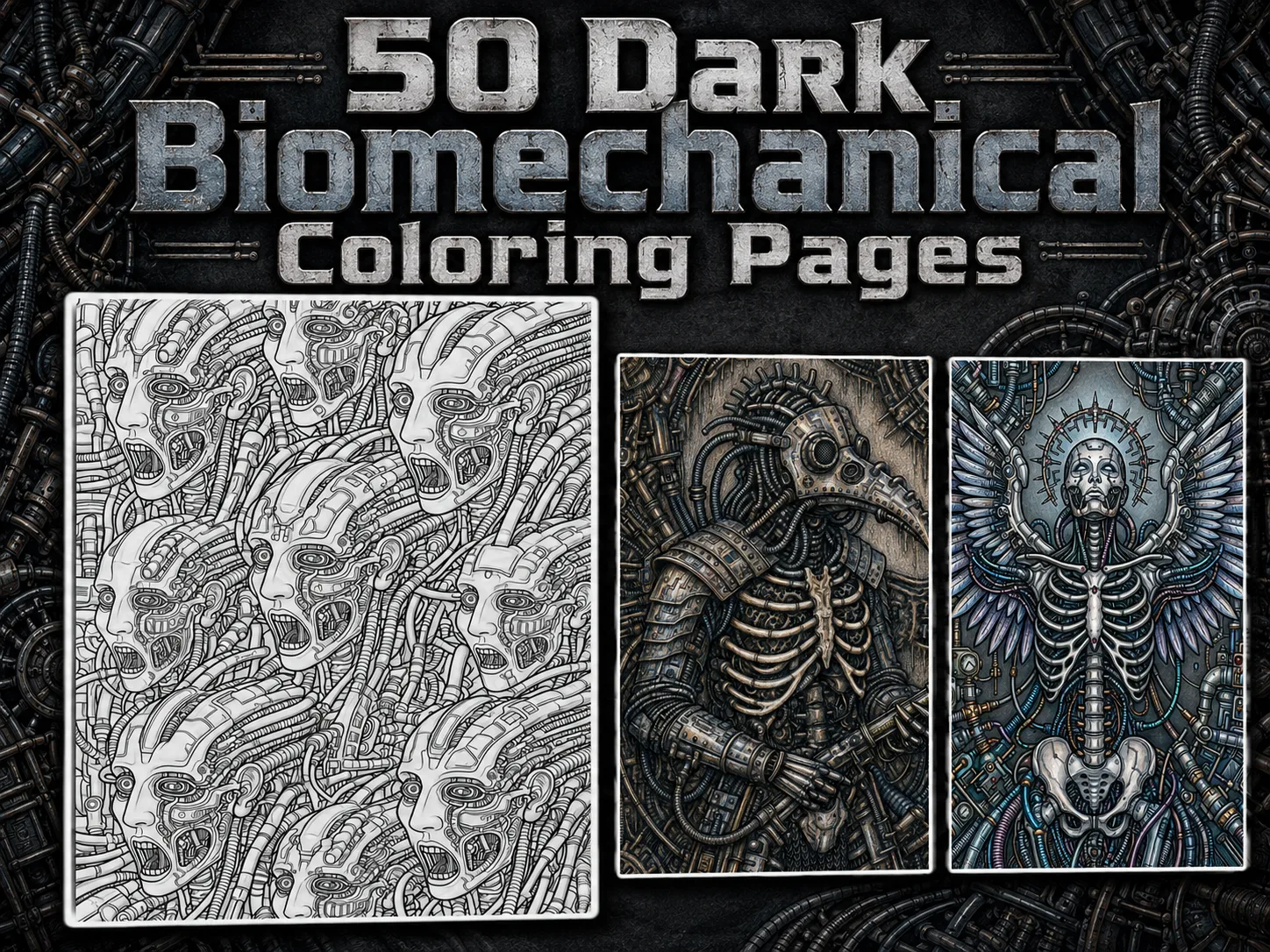 Biomechanical adult coloring pages 50 printable dark sci-fi designs