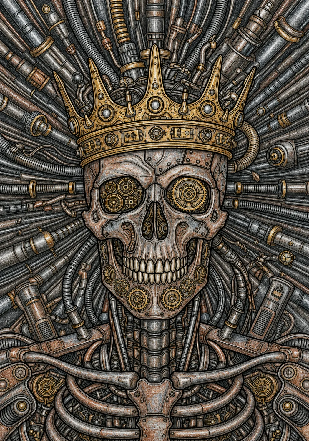 Example biomechanical coloring page with crowned cybernetic skull