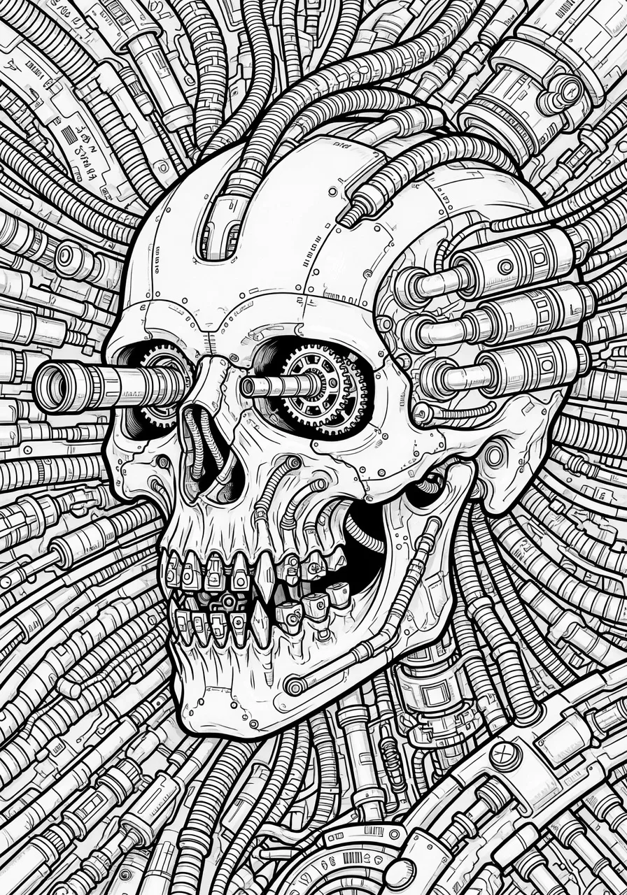 Example biomechanical skull coloring page with cables and machine parts