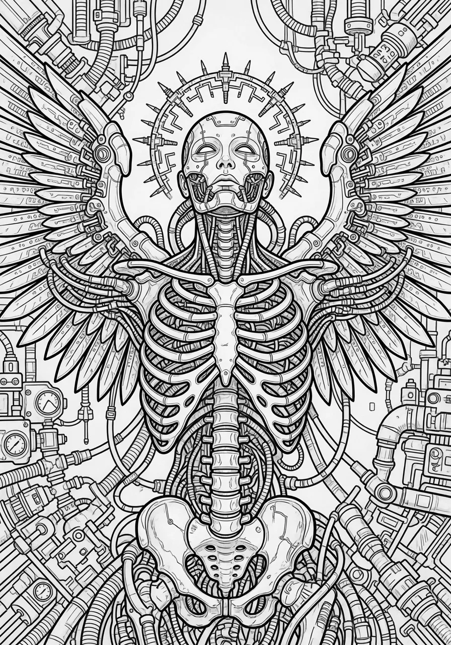 Example biomechanical angel coloring page with mechanical wings