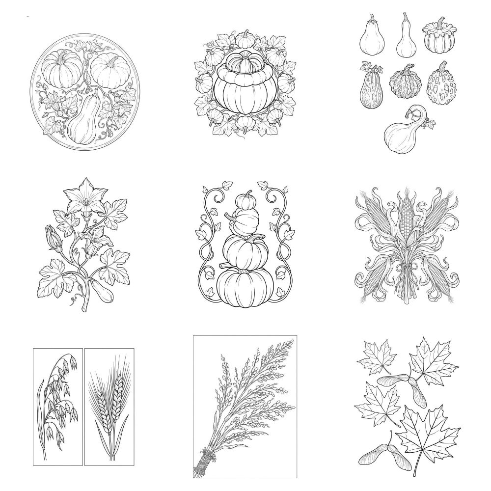 Autumn Harvest pumpkin and wheat coloring page example