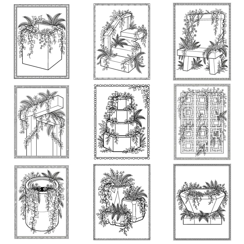 Brutalist Botanica architecture and plant coloring page example