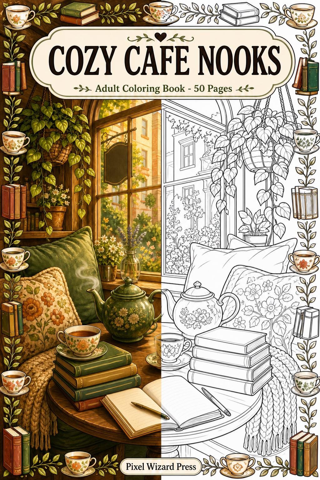 Cozy Cafe Nooks Adult Coloring Book, 50 Reading Nook Pages cover