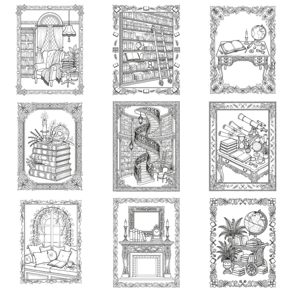 Dark Academia Manor library cutaway coloring page example