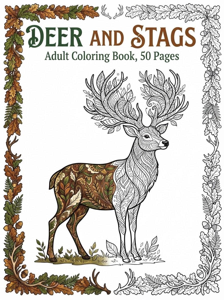 Deer and Stag Folk Art Coloring Book printable PDF cover