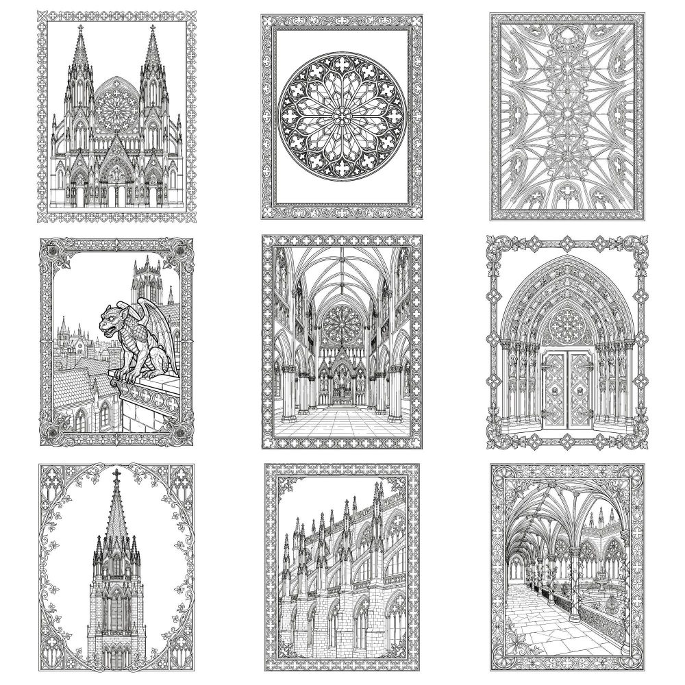 Gothic Cathedral architecture coloring page example with rose window