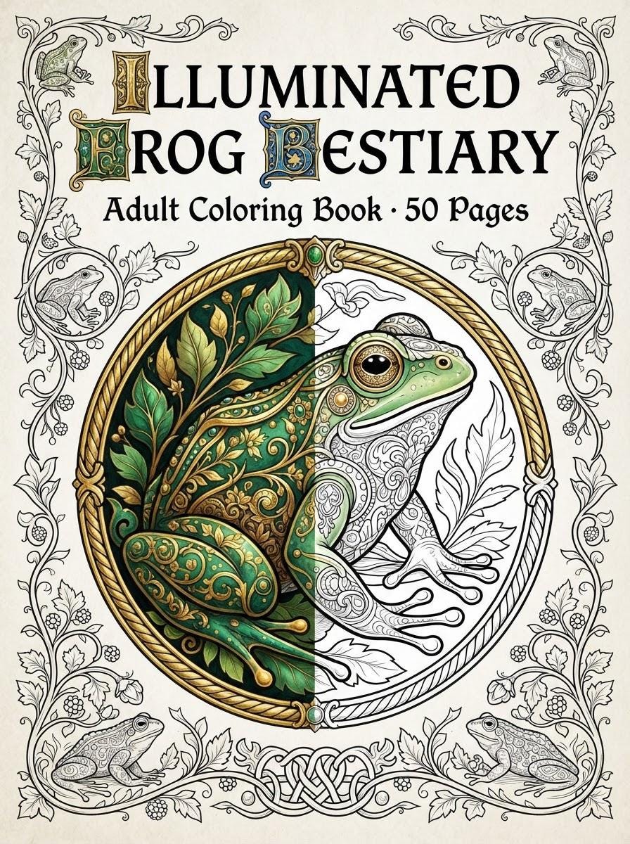 Illuminated Frog Bestiary Adult Coloring Book, Medieval Frogs, Toads cover