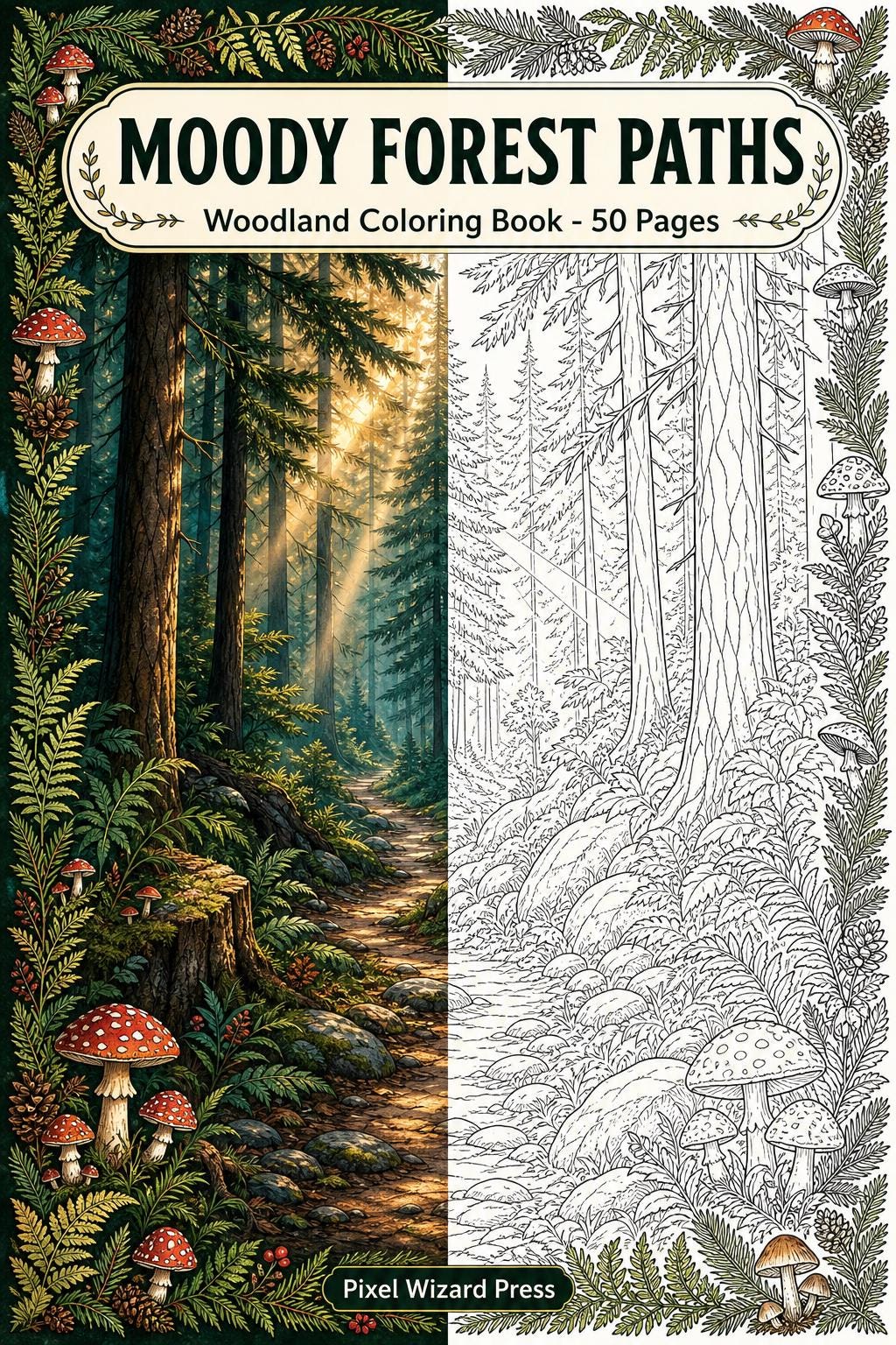 Moody Forest Paths Coloring Book, Woodland Nature Scenes, Misty Trees cover