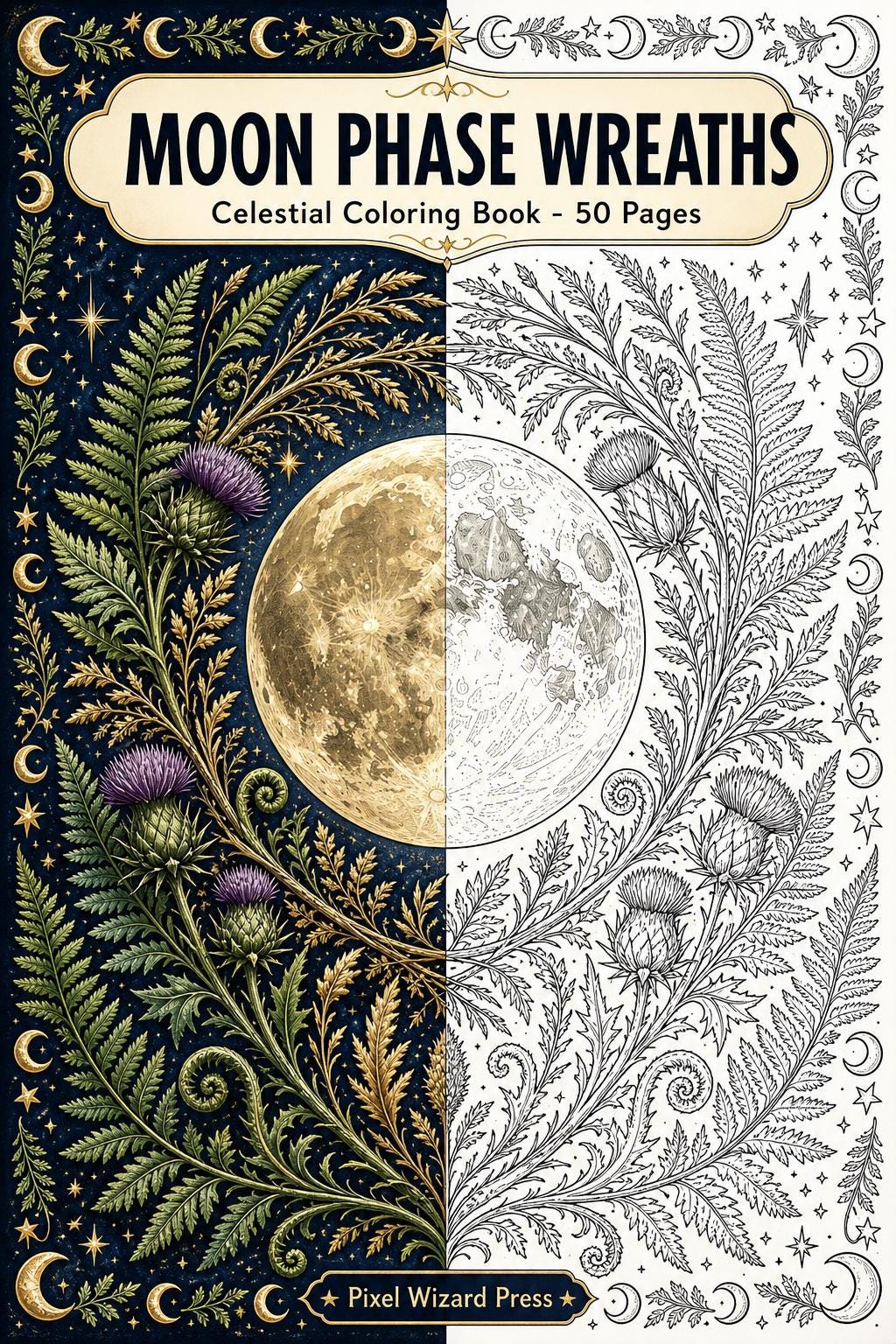 Moon Phase Wreath Coloring Book, Celestial Botanical Pages, Witchy Moon Line Art cover