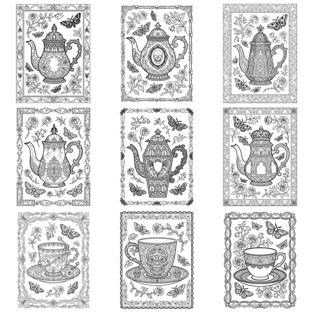 Poison Tea Party gothic teapot coloring page example