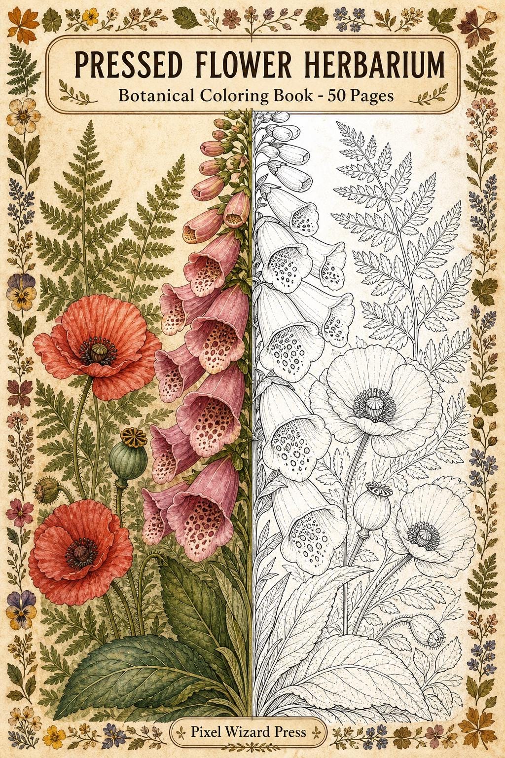 Pressed Flower Herbarium Coloring Book, Vintage Botanical Plant Study Line Art cover