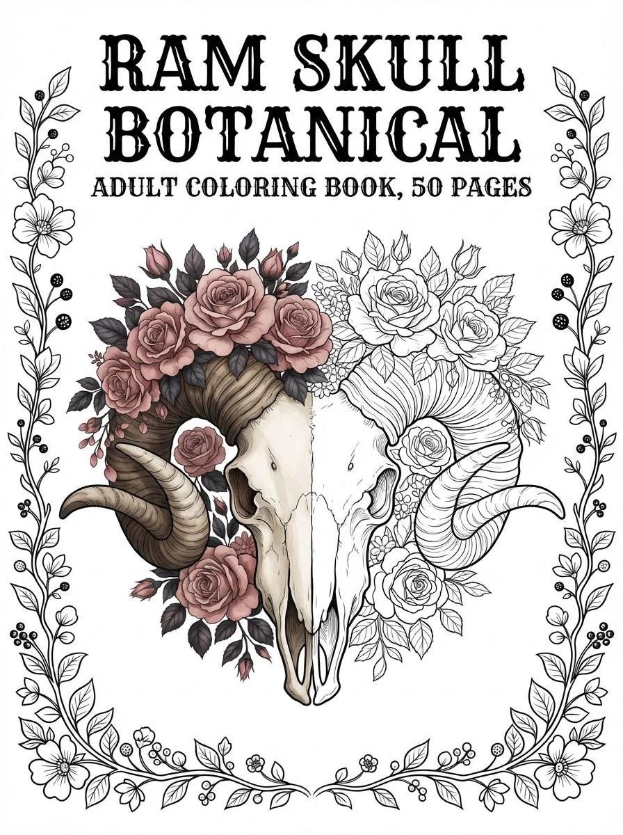 Ram Skull Botanical Coloring Book cover