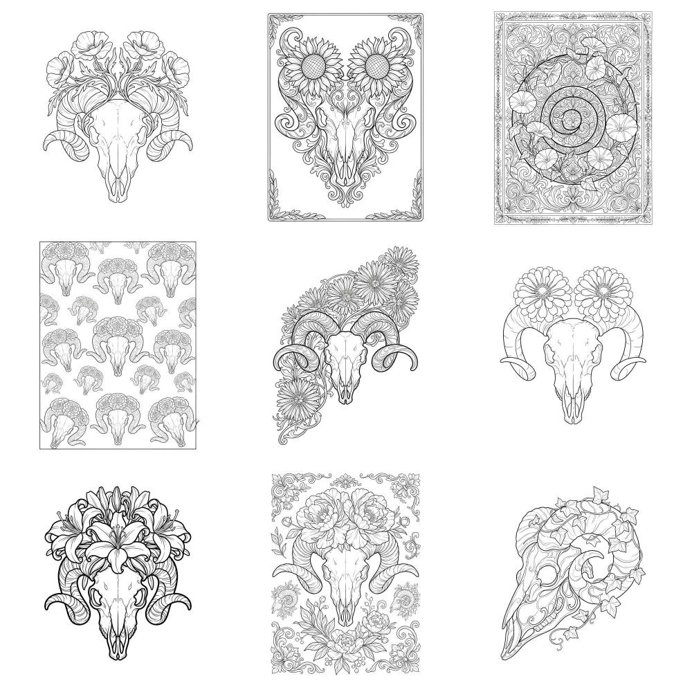 Ram Skull Botanical floral skull coloring page example