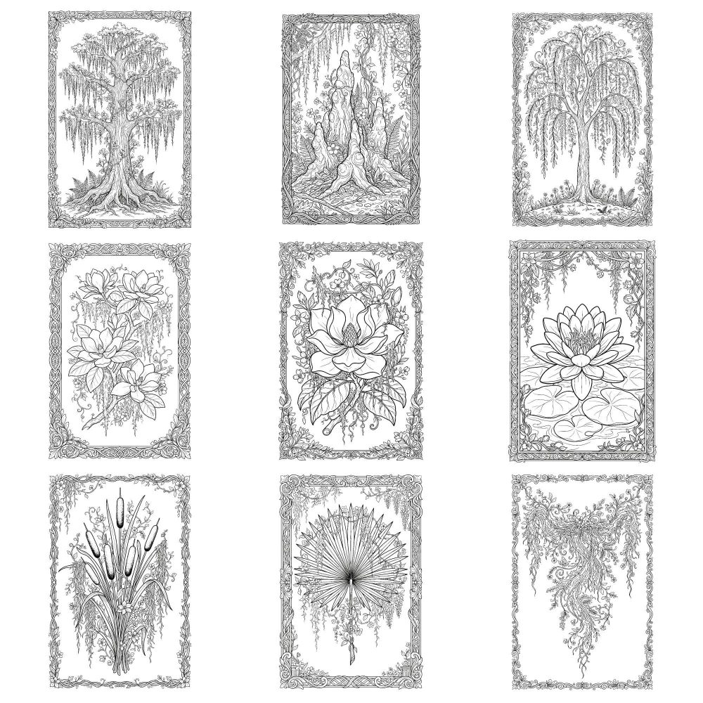Southern Gothic Bayou coloring page example with bald cypress and spanish moss