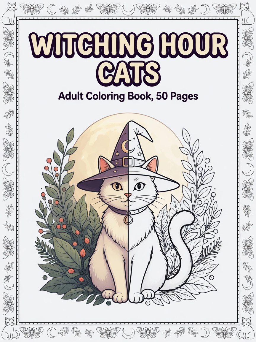 Witching hour gothic cat coloring pages printable PDF cover