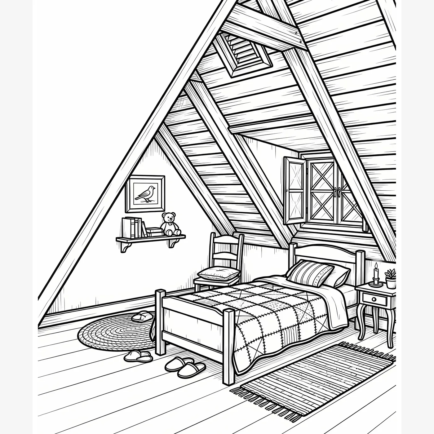 Sample cozy coloring page with detailed black line art