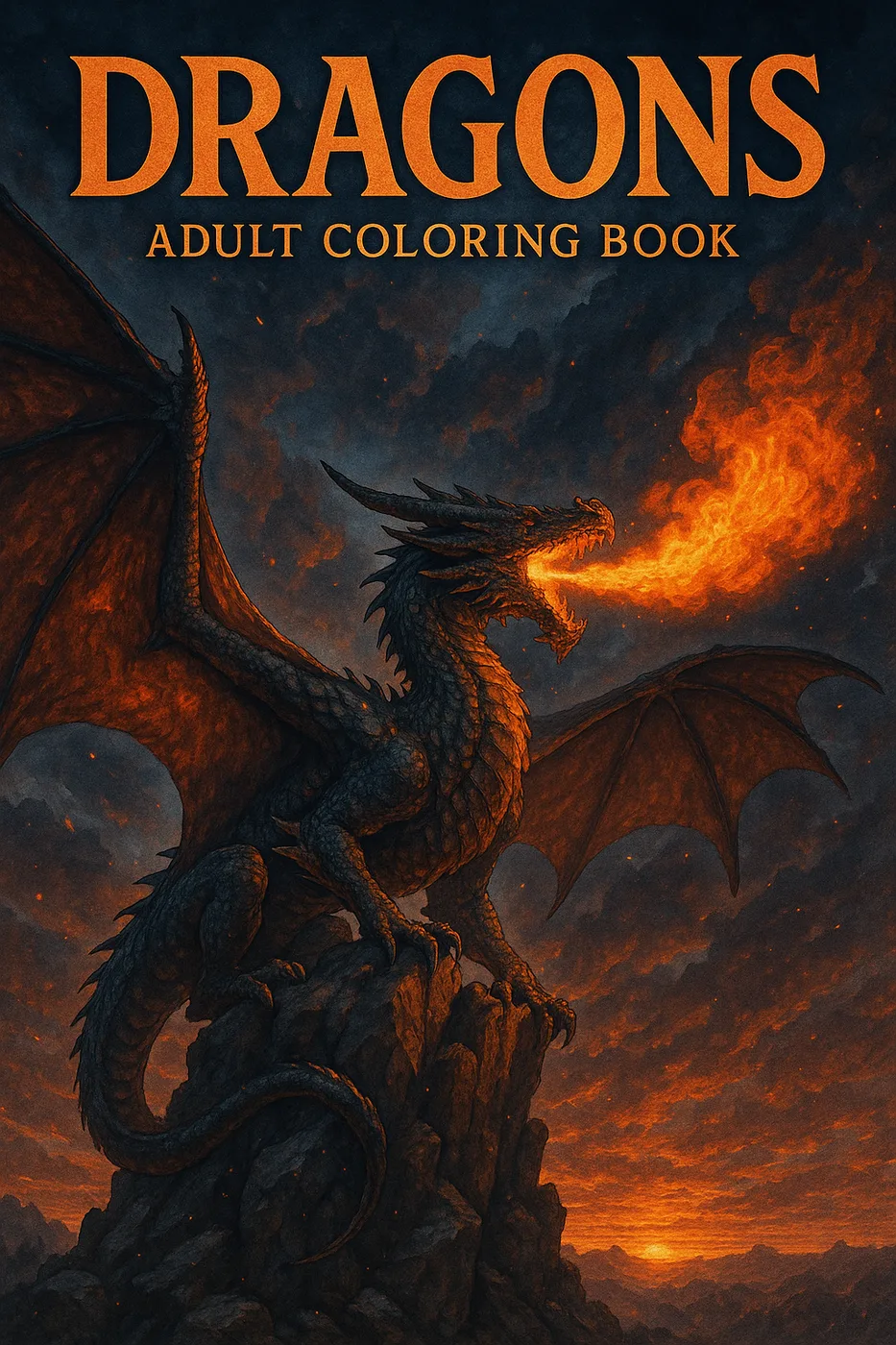 Dragon coloring book cover, an example of the printable adult coloring PDF packs