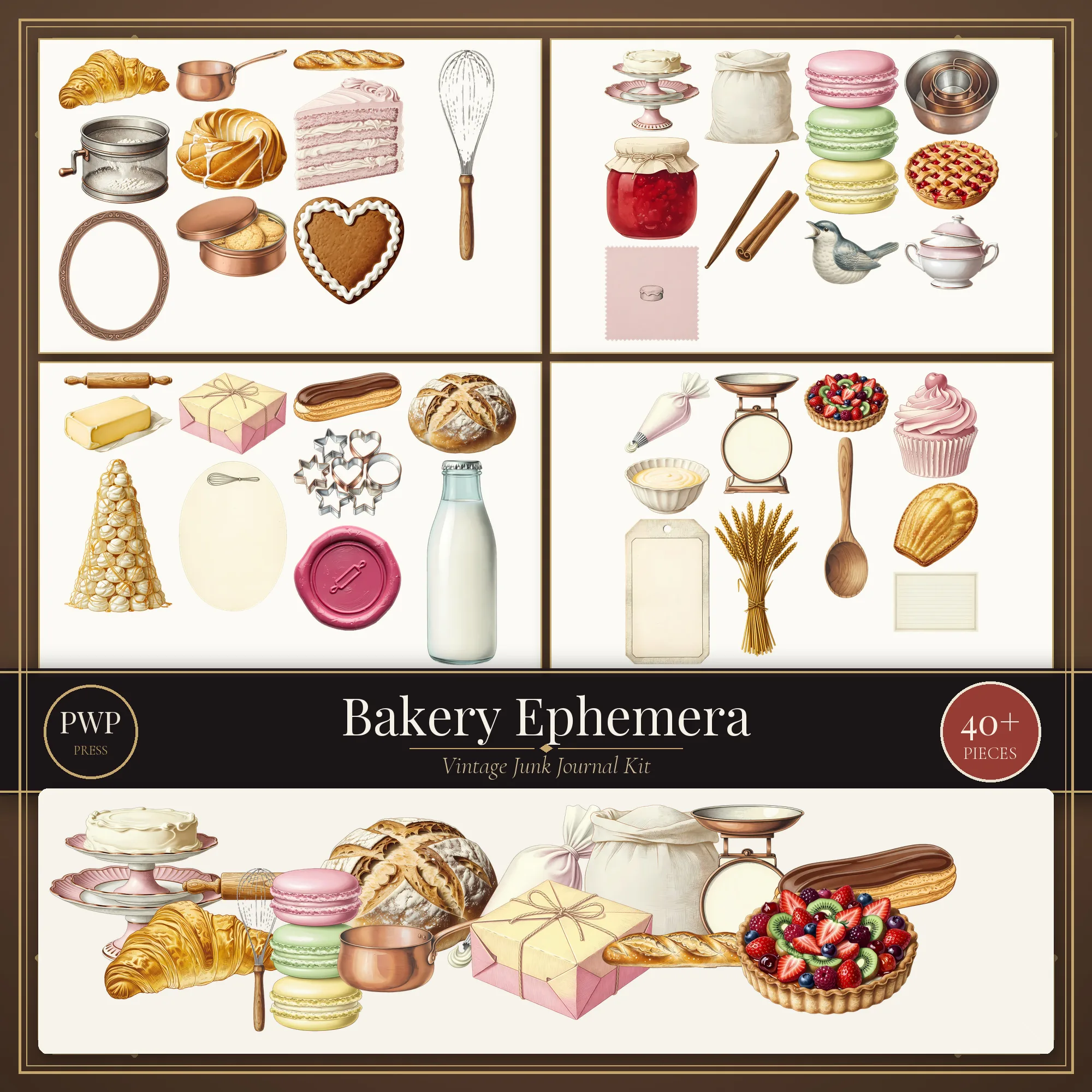 Vintage Bakery Ephemera Kit cover preview with vintage junk journal elements