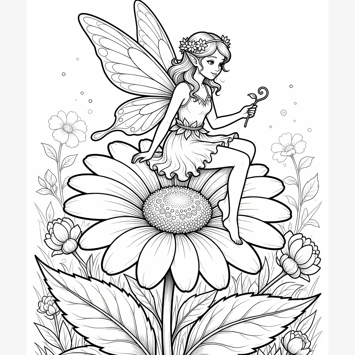 Sample fairy coloring page with detailed black line art