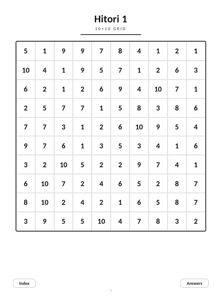 Hitori for reMarkable, 10 Puzzles cover