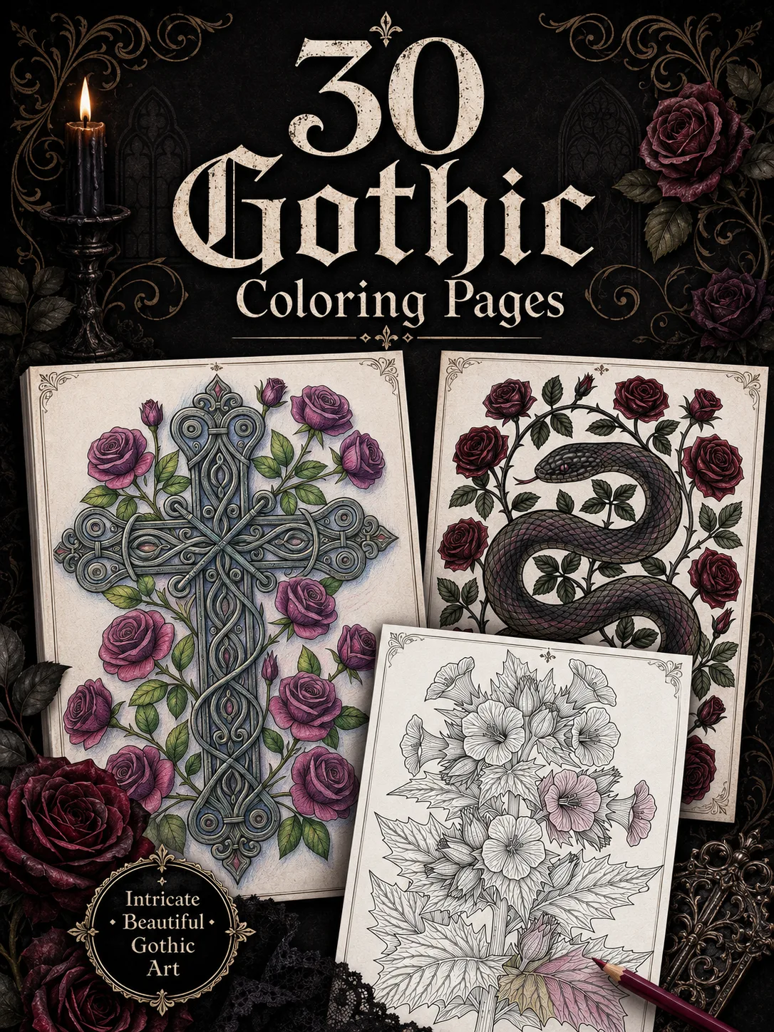 Gothic Floral Coloring Pages 30 Pack cover