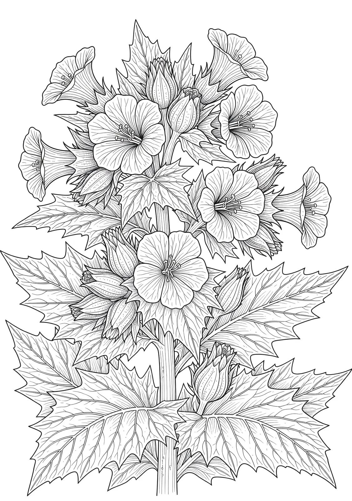 Example gothic botanical coloring page with henbane flowers and leaves