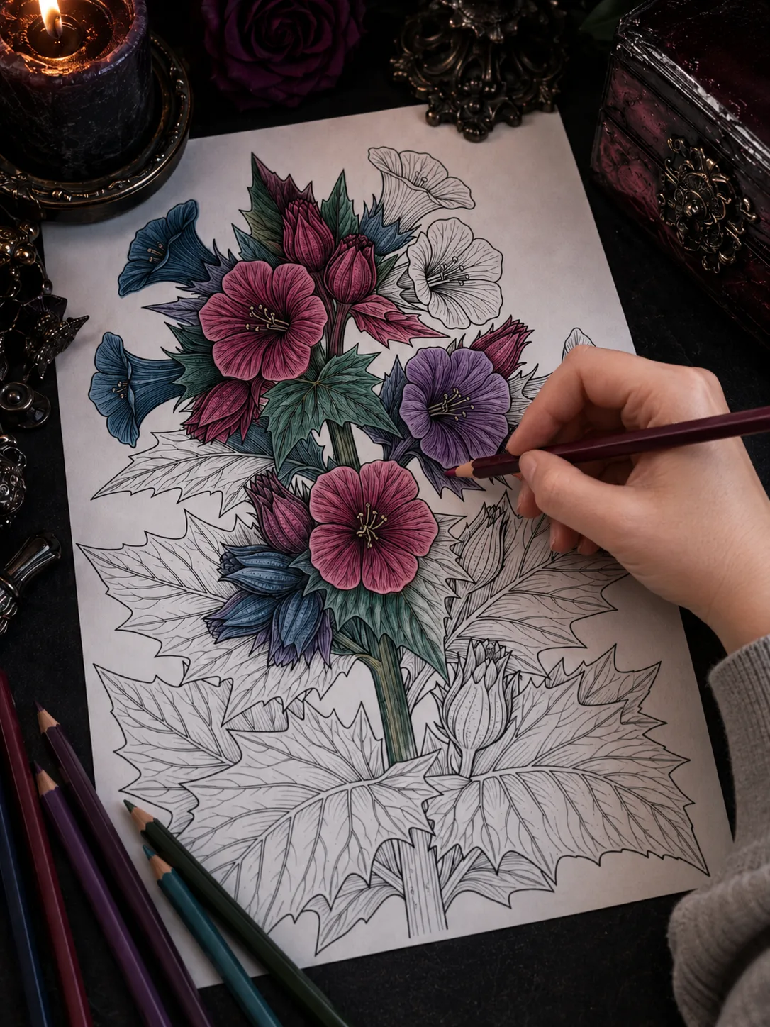 Example gothic floral coloring page with colored botanicals and pencils
