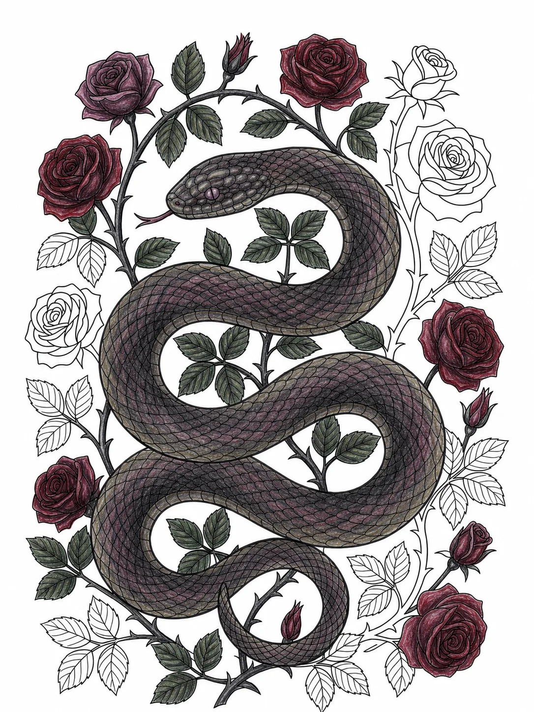 Example gothic floral coloring page with snake and dark roses