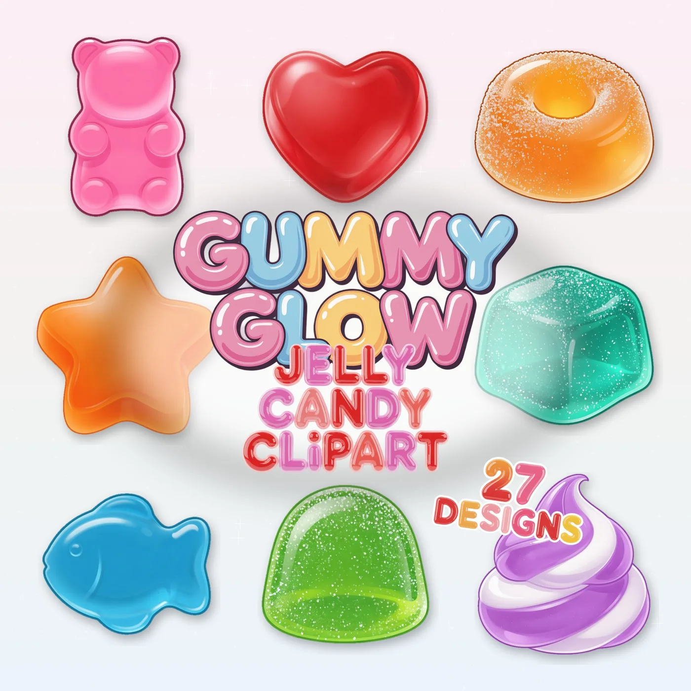 Gummy Glow clipart cover with glossy jelly candy PNG sticker designs