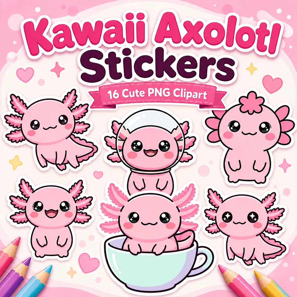 Kawaii axolotl clipart PNG sticker bundle cover