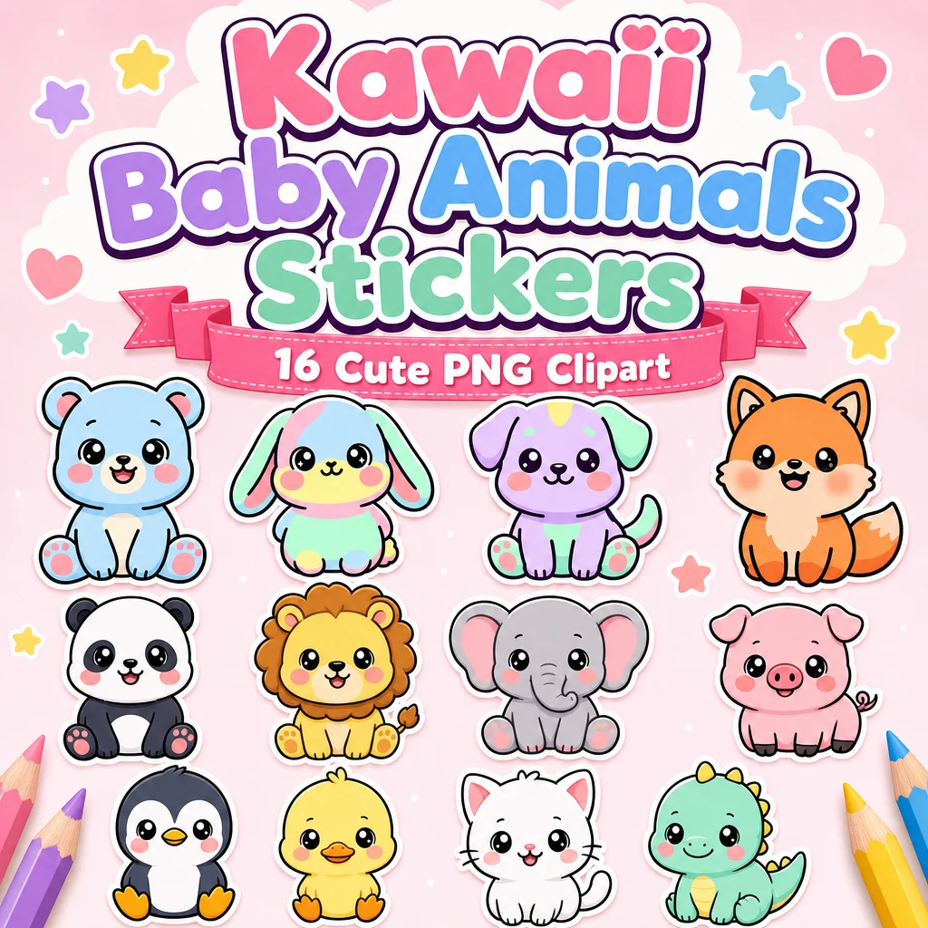 Kawaii baby animals clipart PNG sticker bundle cover