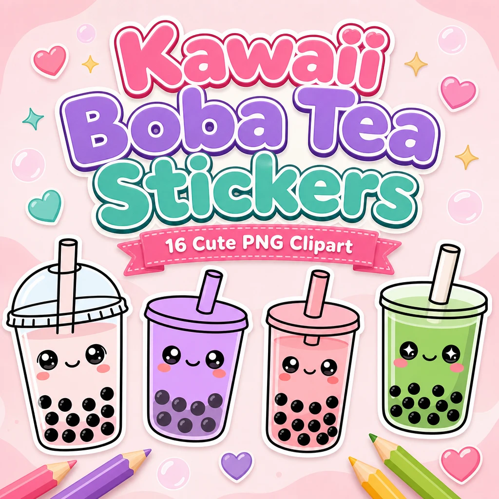 Kawaii Boba Tea Stickers listing cover with 16 cute PNG clipart designs