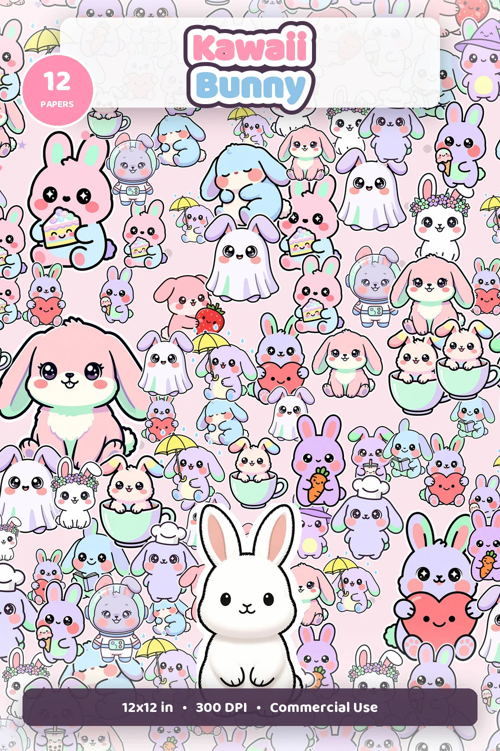 Kawaii bunny digital paper pack cover showing cute bunny seamless patterns, 12 papers badge, 12x12 inch, 300 DPI, and commercial use text