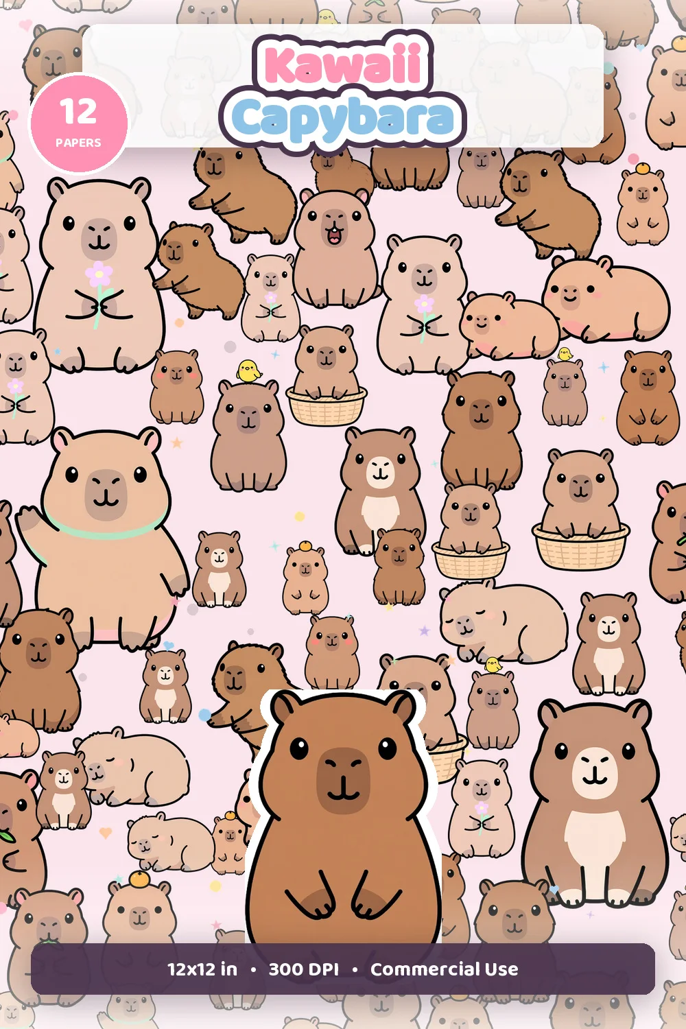 Kawaii capybara digital paper pack cover showing cute capybara seamless patterns, 12 papers badge, 12x12 inch, 300 DPI, and commercial use text