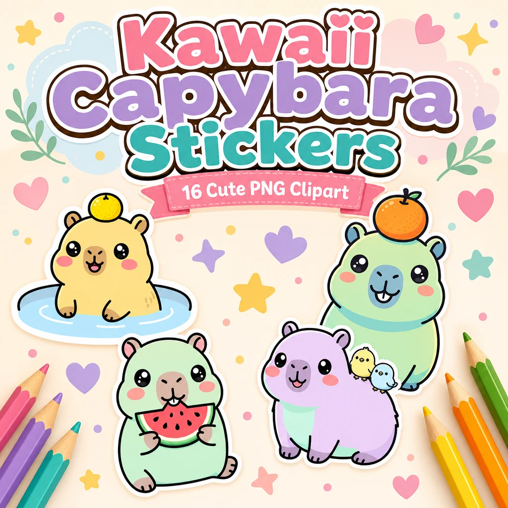 Kawaii capybara clipart PNG sticker bundle cover