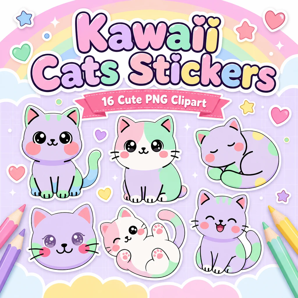 Kawaii cats clipart PNG sticker bundle cover