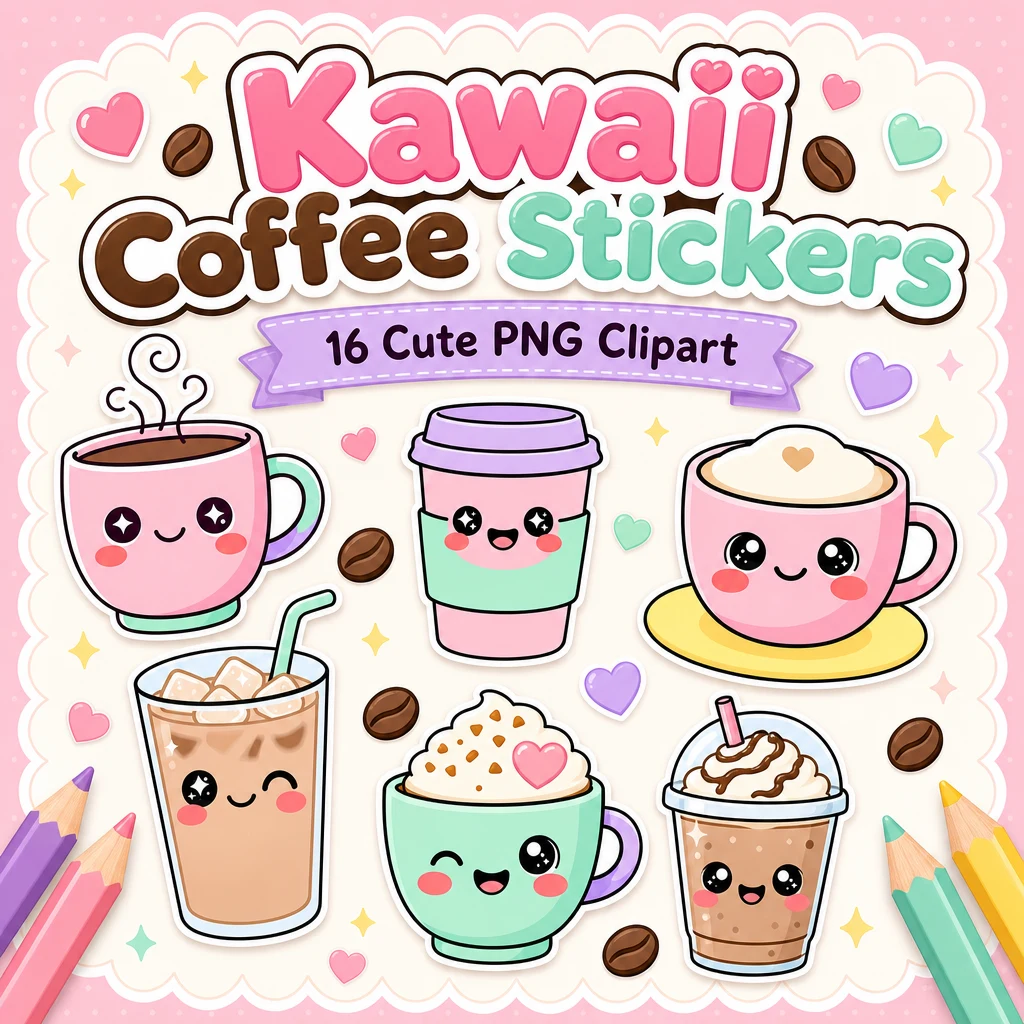 Kawaii coffee sticker sheet, an example of the clipart PNG bundles