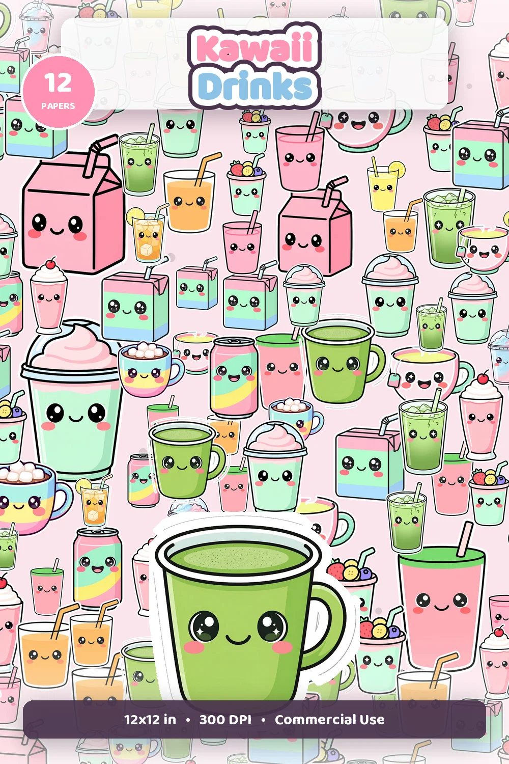 Kawaii boba drinks digital paper pack cover showing cute drink seamless patterns, 12 papers badge, 12x12 inch, 300 DPI, and commercial use text
