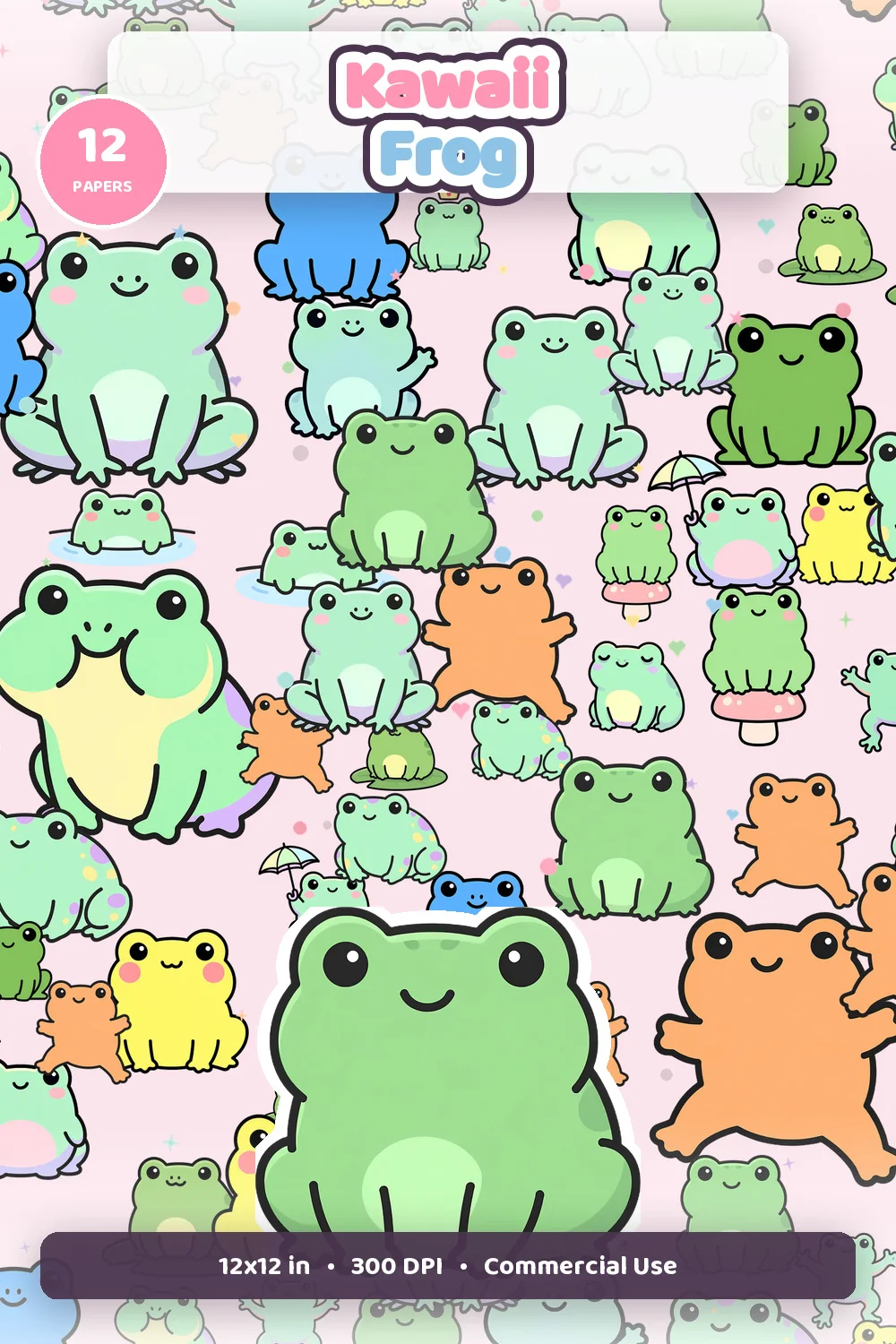 Kawaii frog digital paper pack cover showing cute frog seamless patterns, 12 papers badge, 12x12 inch, 300 DPI, and commercial use text