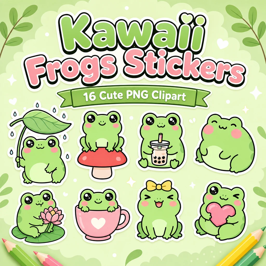 Kawaii frogs clipart PNG sticker bundle cover