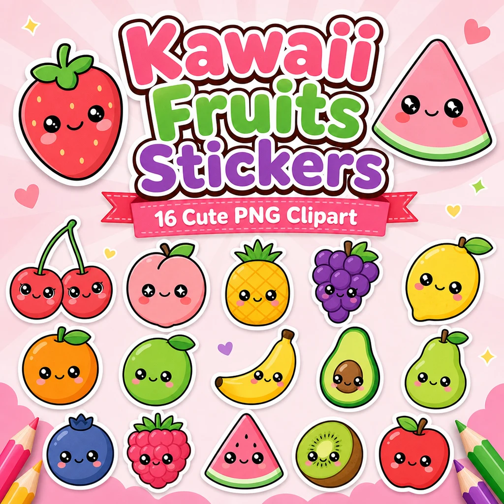 Kawaii fruits clipart PNG sticker bundle cover