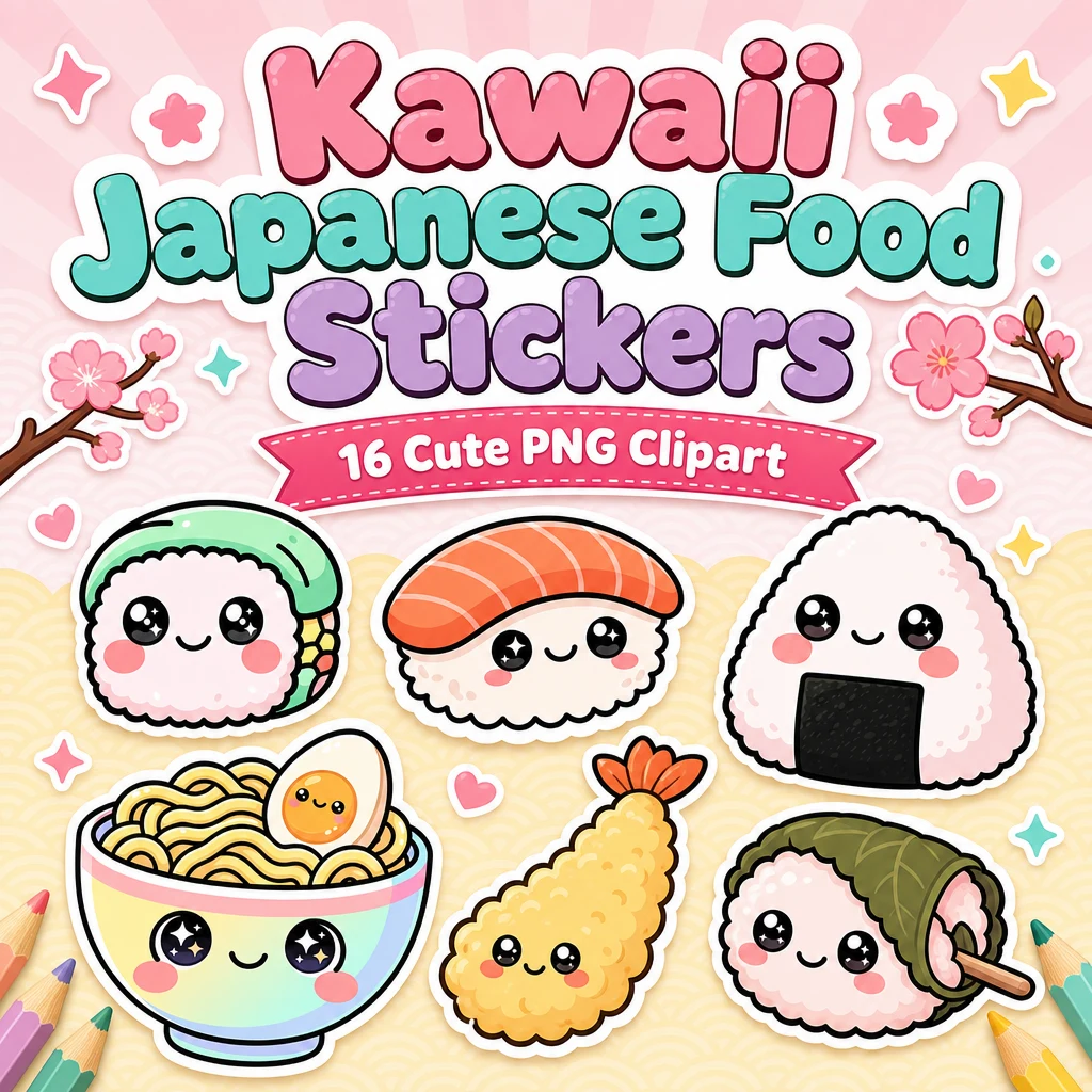 Kawaii Japanese food clipart PNG sticker bundle cover