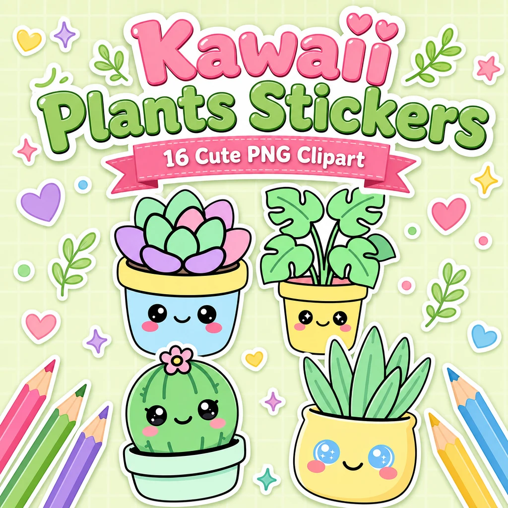 Kawaii plants clipart PNG sticker bundle cover