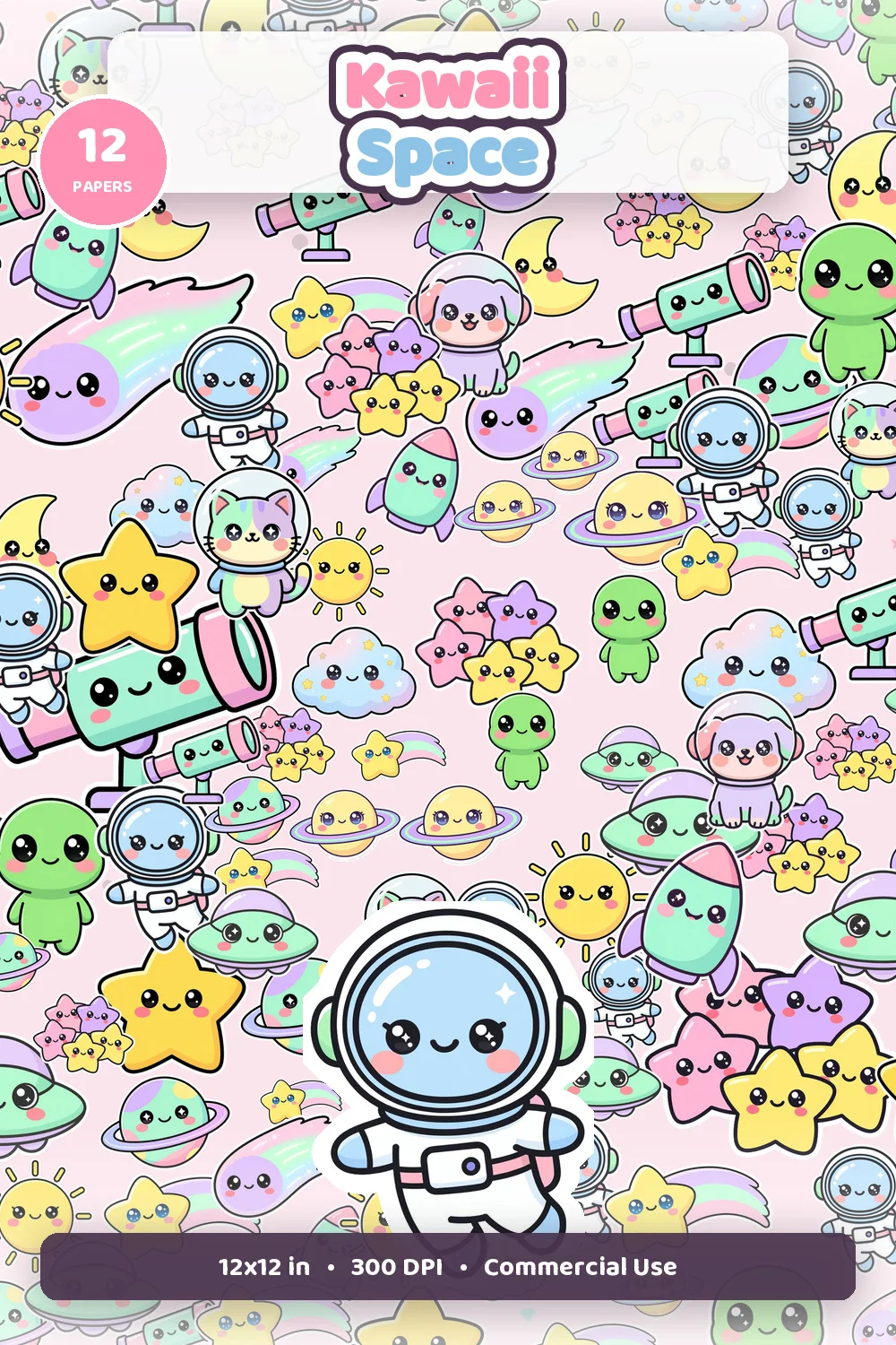 Kawaii space digital paper pack cover showing cute planets, stars, moons, and seamless patterns with 12 papers badge, 12x12 inch, 300 DPI, and commercial use text
