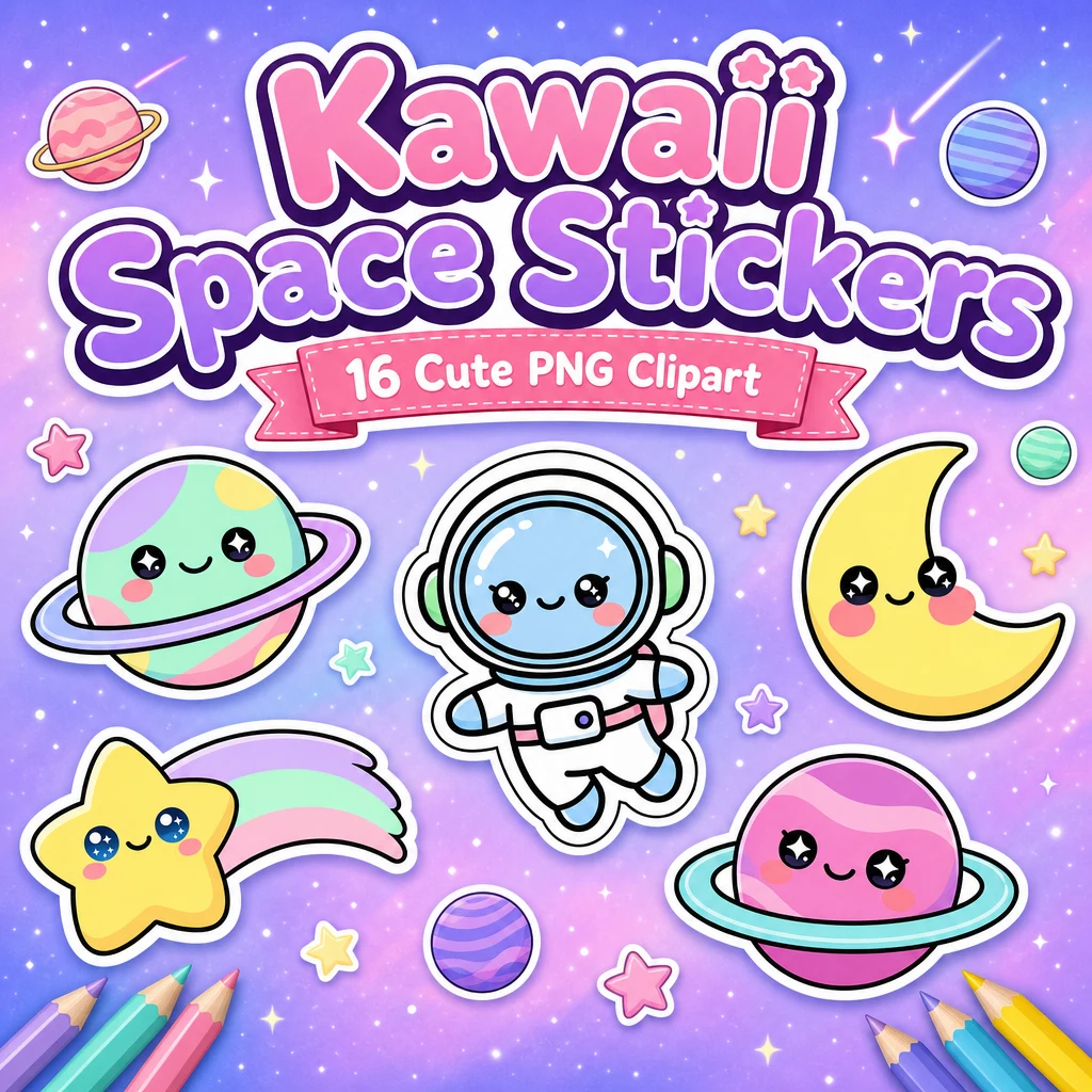 Kawaii space clipart PNG sticker bundle cover