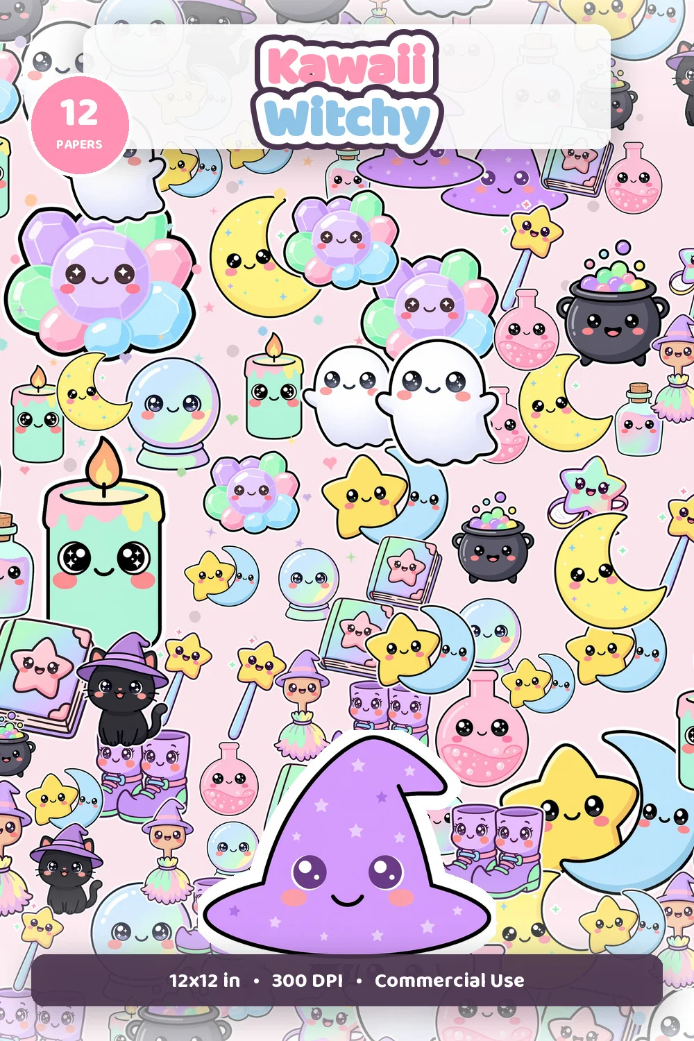 Kawaii witchy digital paper pack cover showing cute magical seamless patterns, 12 papers badge, 12x12 inch, 300 DPI, and commercial use text