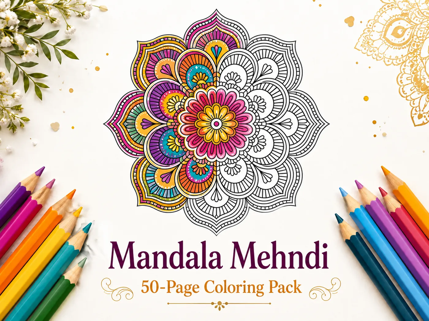Mehndi Mandala Coloring Pages 50-page pack cover