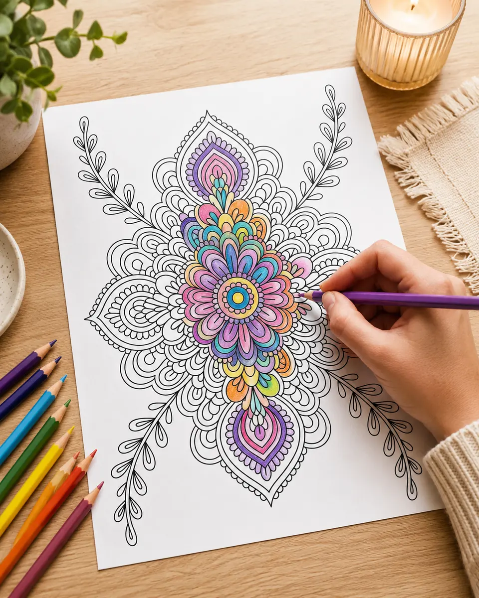 Mehndi mandala coloring page being colored with pencils
