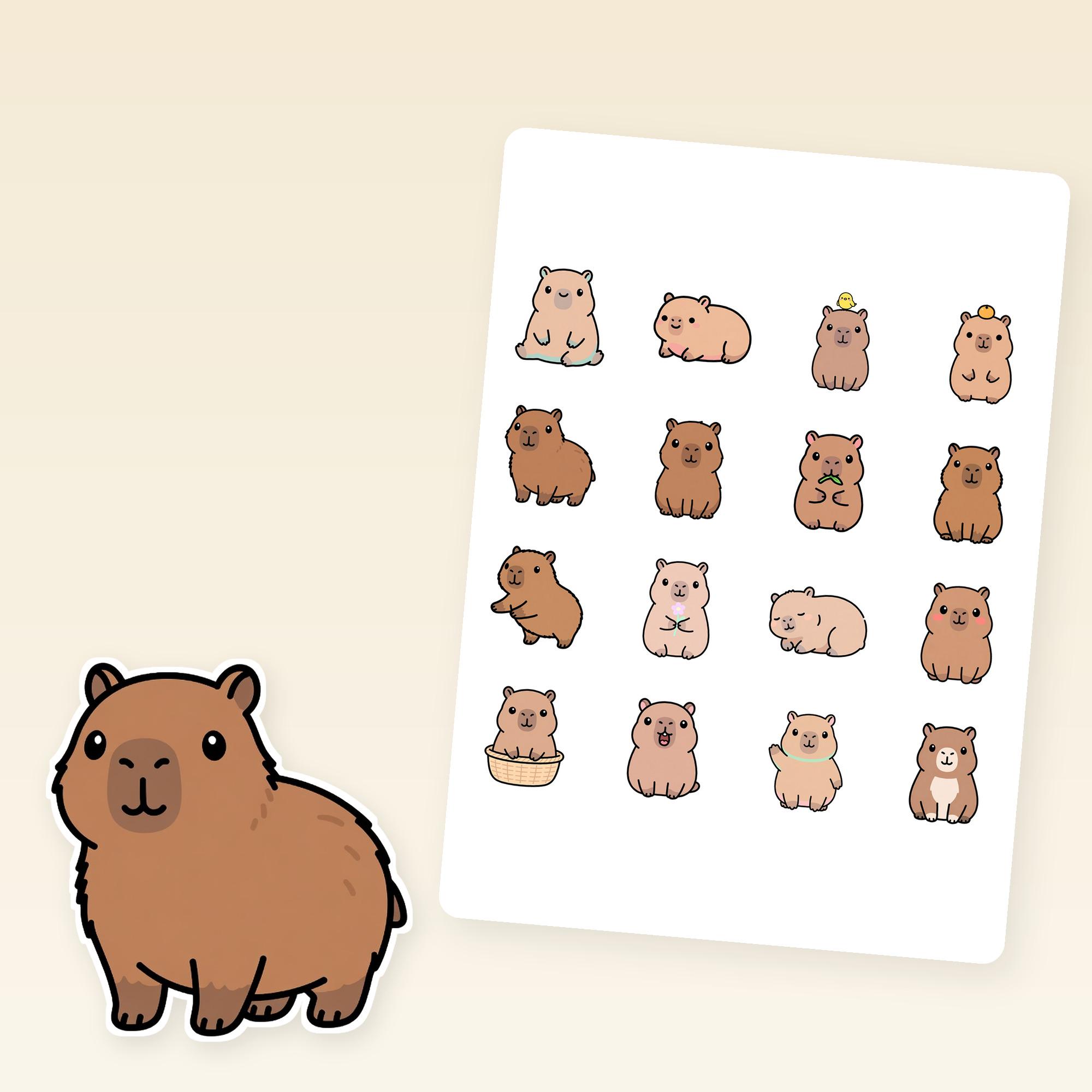Capybara sticker sheet with 16 die-cut vinyl capybara stickers