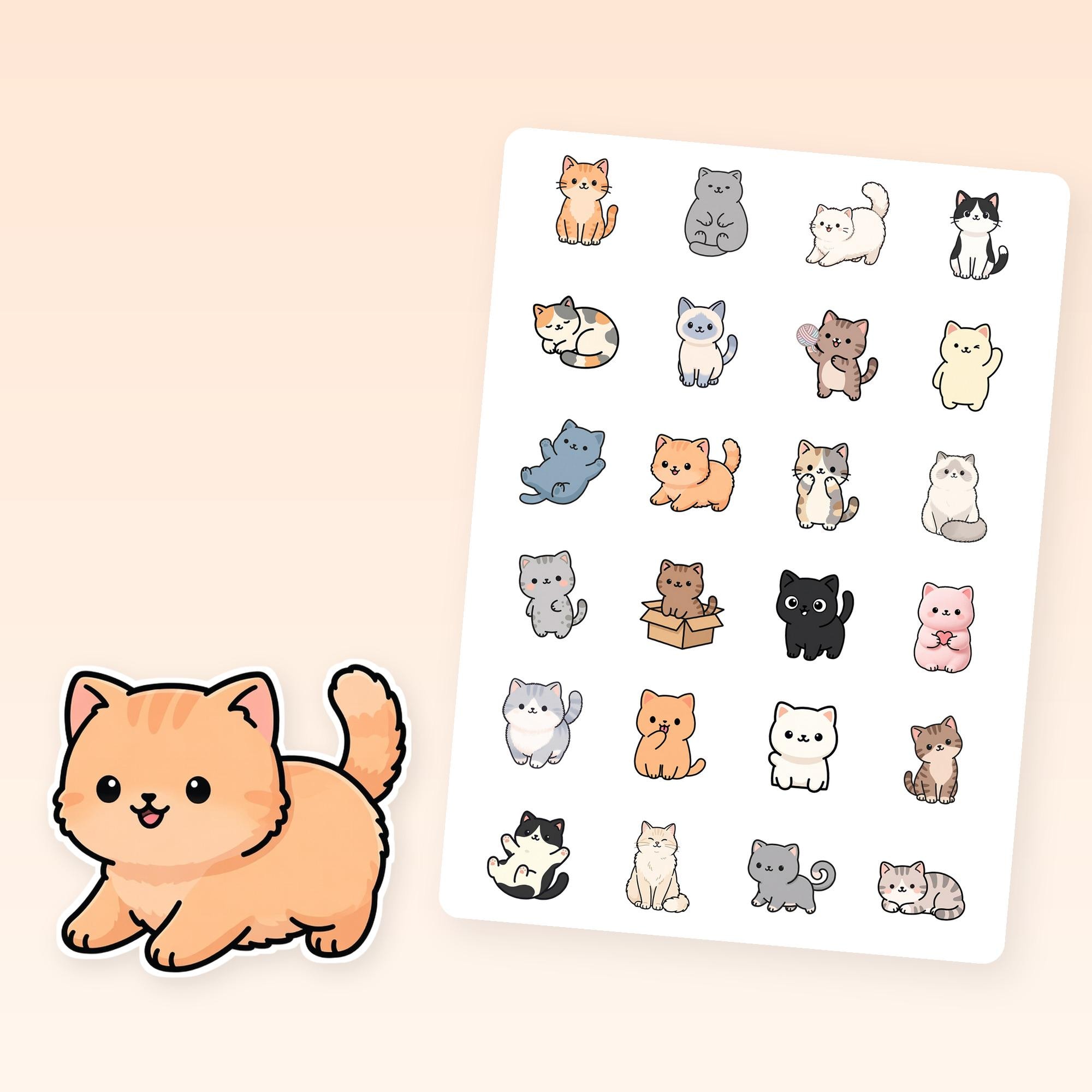 Cat sticker sheet with 24 die-cut vinyl cat stickers